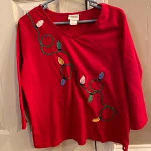 Christmas shirt - red with images of string of Christmas lights